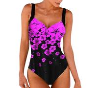 One Piece Swimsuit with Skirt, V Neck Bikini Swimsuit Halter Vintage V Neck Swimming Costume Splice Printed Mesh Soft Cup Padded Elegant Bathing Suit Mum Gifts Lightning Deals of The Day Hotpink