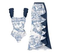 One Piece Swimsuit Zipper, Tummy Control Swimwear Sets Spaghetti Strap Halterneck Wrap Tie Back Swimsuit Padded 1 Piece Swimwear Swim Dress with Long Wrap Skirt Sarong Beach Cover Up Travel Essentials