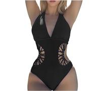 One Piece Swimsuits for Women Sexy Halter Neck Tummy Control Swimwear High Cut Plain Monokini Push Up Hollow Out Holiday Bikini Beach Surfing Bathing Suit Swimming Costumes Ladies UK Sale Black