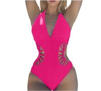 One Piece Swimsuits for Women Sexy Halter Neck Tummy Control Swimwear High Cut Plain Monokini Push Up Hollow Out Holiday Bikini Beach Surfing Bathing Suit Swimming Costumes Ladies UK Sale Pink