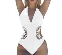 One Piece Swimsuits for Women Sexy Halter Neck Tummy Control Swimwear High Cut Plain Monokini Push Up Hollow Out Holiday Bikini Beach Surfing Bathing Suit Swimming Costumes Ladies UK White