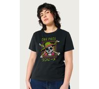 One Piece Women's Skull & Crossbones Straw Hat Pirates Logo Kanji Relaxed Fit T-Shirt in Black | Size: XL One Piece Black XL