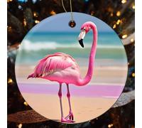 One Pink Flamingo on Beach Ceramic Christmas Ornaments - 1 Pcs Rustic Round Xma Tree Decor with Hanging String, Personalized Vintage Double-Sided Holiday Party Decorations for Xmas Gifts