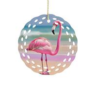 One Pink Flamingo on Beach Christmas Ornaments Rustic Round Xmas Tree Pendant Personalized Vintage Double-Sided Ceramic Ornament Holiday Party Decorations for Xmas Gifts 3 Inch