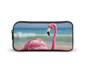 One Pink Flamingo on Beach Pencil Case - Large Aesthetic Makeup Bag Multi-Purpose Pencil Pouch Cute Cosmetic Bag with Zipper Closure for Office, Home, Study & Travel