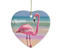 One Pink Flamingo on BeachChristmas Tree Heart Ornaments Rustic Ceramic Xmas Tree Penadnt with Hanging String Vintage Double-Sided Holiday Party Ornaments for Xmas Gifts