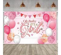 One pink "Oh young man this is a girl" party banner - polyester background fabric with balloon star and confetti designs 200x140CM