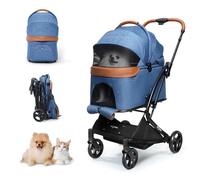【One-Pull Open Ver.】 PETTENA One-Touch Foldable Dog Stroller for Small Dogs Cats up to 44 Lbs, Cat Stroller for 2 Cats, Large Space, Black (Navy Blue)