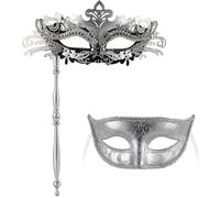 One Set Couple’S Costume Masks, Handheld Mask For Her & Classic Strap Mask For Him, Venetian Style Masquerade, Ideal For Halloween, Carnival, Cosplay