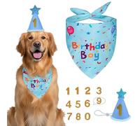 One Set Dog Birthday Bandana and Hat, Adjustable Party Accessory with Glitter Numbers, for Pet Celebrations and Gift Giving (Large Size, Blue)
