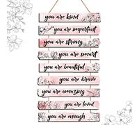 One Set of 9 Pieces Inspirational Floral Wall Decors You Are Amazing Beautiful Loved Quotes Sign Wall Art Decors Wooden Hanging Wall Art Positive Home Decors for Girls Women Bedroom (Pink)