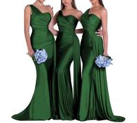 One Shoulder Bridesmaid Dresses for Wedding Mermaid Satin Prom Dresses Long Bodycon Formal Evening Gowns, Emerald Green, 14