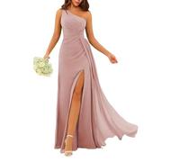 One Shoulder Bridesmaid Dresses for Wedding Pleated Chiffon Formal Dress with Slit Long Evening Gowns for Women Juniors ZM155 UK30 Dusty Rose