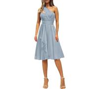 One Shoulder Chiffon Bridesmaid Dresses Short Ruffles Prom Evening Dress with Pockets YIAX235 Dusty Blue UK6