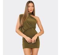 One Shoulder Choker Drape Detail Mini Dress In Khaki Slinky, Women's Size UK 6