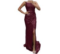 One Shoulder Cocktail Dress Sparkly Glitter Strapless Party Dress Sequin Dresses for Women UK Long Evening Dress Sleeveless Elegant Wedding Guest Dress Sale Prom Gown High Slit Floor Length Dresses