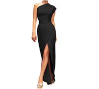 One Shoulder Evening Maxi Dress for Women Elegant Paety Prom Formal Long Dress Ladies Sleeveless Casual Summer Slim Dresses Hem Split A-Line Dresses UK Clearance Size S-3XL Black