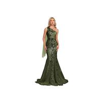 One Shoulder Glitter Mermaid Dress for Mother of The Bride Women's Sexy Sequin Formal Gown, Olive Green, XXL