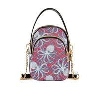 One Shoulder Handbags Cartoon White Octopuses Prints Red Quilted Chain Wallet Cell Phone Purse Cute Zipper Bowler Tote Ladies Satchel, 5.9" × 8.3" × 3.1"