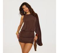 One Shoulder Kimono Sleeve Fitted Skirt Detail Mini Dress In Chocolate Brown, Women's Size UK 12