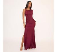 One Shoulder Pad Sleeve Ruched Seam Detail Asymmetric Maxi Dress In Burgundy, Women's Size UK Small S