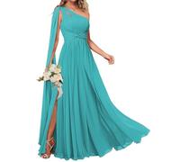 One Shoulder Princess Bridesmaid Dresses Cut Out Twist Prom Dresses Chiffon Formal Evening Party Gown with Slit Aqua Blue UK6