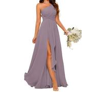 One Shoulder Princess Bridesmaid Dresses Pleated Prom Dresses Chiffon Formal Evening Party Gown with Slit Wisteria UK12