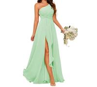 One Shoulder Princess Bridesmaid Dresses Pleated Prom Dresses Chiffon Formal Evening Party Gown with Slit Mint Green UK6
