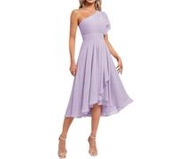 One Shoulder Princess Bridesmaid Dresses Ruched Prom Dresses Chiffon Formal Evening Party Gown Short Lilac UK10