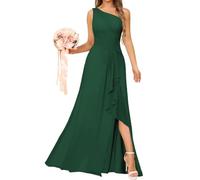 One Shoulder Princess Bridesmaid Dresses Ruffles Prom Dresses Chiffon Formal Evening Party Gown with Slit Dark Green UK8