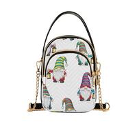 One Shoulder Purse Women Colorful Whimsical Gnomes White Quilted Cell Phone Purse Chain Strap Cute Crossbody Clutch Zipper Tote, 5.9" × 8.3" × 3.1"