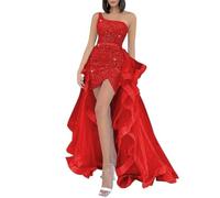 One Shoulder Sequin Homecoming Gowns Sparkly Short Prom Dress for Teens with Tulle Detachable Train YIAX143 Red UK10