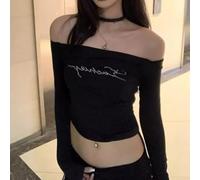 One Shoulder T Shirt, S-XL, Letters Hot Diamonds Print Straps Top, Slim Fit Off Shoulder Design, Casual Daily Wear for Women(XL Black)