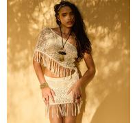 One Shoulder Tassel Hem Top In Cream Crochet Knit, Women's Size UK L