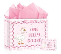 One Silly Goose 1st Birthday Gift Bag with Wrapping Tissue Paper & Greeting Card Large Pink Check Thick Cardstock First Bday Party Favors Decorations Supplies For One Year Old Baby Girl Daughter