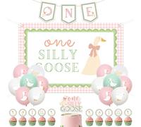 One Silly Goose 1st Birthday Party Decor Set,Goose Balloon Banner Cake Topper Goose Party Backdrop and Crown Goose 1st Birthday Decorations Supplies