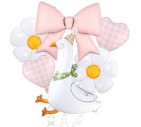 One Silly Goose Balloons White Funny Goose and Pink Gingham Heart Bow Flower Daisy Mylar Balloons for One Silly Goose Birthday Party Decoration (Pink Bow Kit)