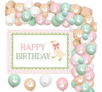 One Silly Goose Birthday Decor Girl,Green and Pink Plaid Bow Goose Happy Birthday Backdrop and Balloon for First Birthday Decorations