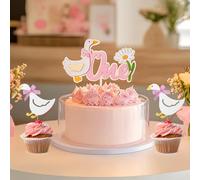 One Silly Goose Cake Topper Set WIth 12 Pcs Pink Style Geese Funny Cupcake Toppers, Goose Theme 1st Birthday Wooden Decorations for Girls Boys Baby Shower First Birthday Party Decoration