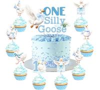 One Silly Goose Cake Toppers Blue Bow Silly Goose Cake and Cupcake Toppers 25Pcs Farm Animal Cake Decorations for Boys 1st Birthday Party Supplies