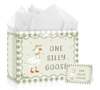 One Silly Goose Gift Bag Set with Wrapping Tissue Paper & Greeting Card Large Sage Green Gingham Watercolor 1st First Birthday Party Supplies Decorations Favors for One Year Old Baby Girl Boy