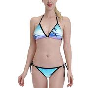 One-Size Bikini Swimsuit with Adjustable Fit,Tropical Island Beach Ocean Pink Blue Sunset,Bikini