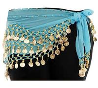 One Size Fit All - Sky Blue Gold Coins Belly Dance Skirt WITHOUT Bracelet/Cuff