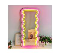 (one-size, pink + white + yellow.) Wavy Mirror Neon Signs for Wall Decor,USBPowered Wall Mounted Decorative Mirror,Funny Preppy Room Decor and Office Decor,The Range Light Up Mirror
