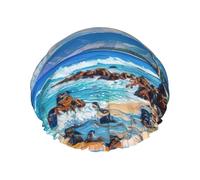 One Size Shower Cap for Women & Men â€“ Double-Layer hawaii beach Print Bath Hair Cap, Salon Shower Hat & Travel Essential