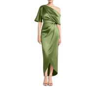 One Sleeve One Shoulder Long Slit Satin Mother of the Bride Gown with Back Tie Olive UK26