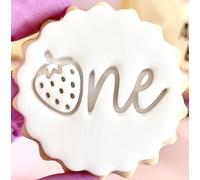 One Strawberry Fondant Stamp Embosser Cookie Cutter fits m&s Biscuits Great for First Birthday Strawberry 1st Berry Cute Reusable Marks and Spencers Party Favours Free Matching Cutter