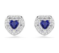 One stud earrings, Heart cut, Pavé, Heart, Blue, Rhodium plated