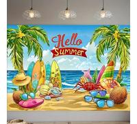 One summer-themed party banner - bright tropical beach scenery with palm trees surfboards and the words "Hello Summer"