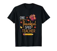 One Thankful SPED Teacher with Turkey and Fall Leaves Design T-Shirt